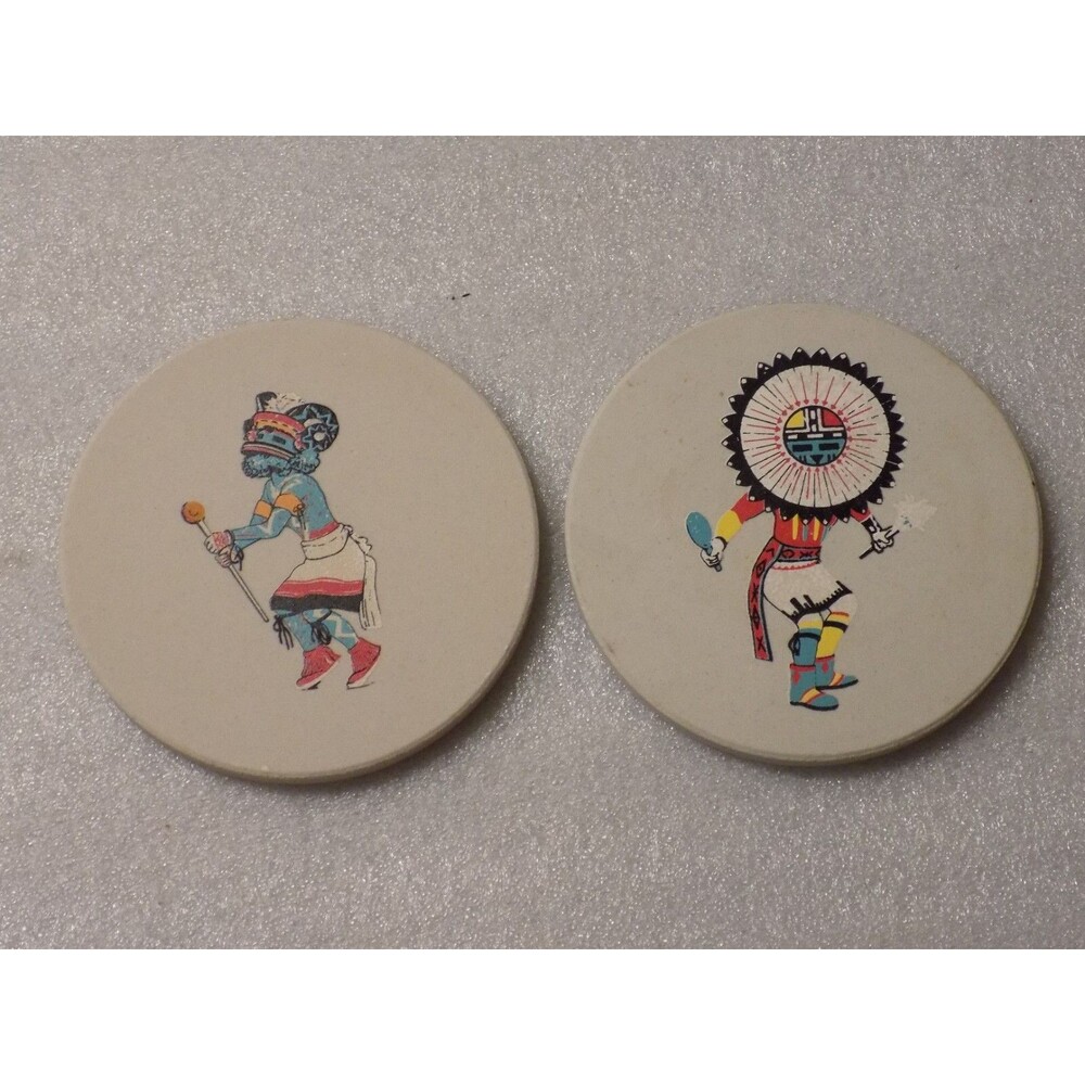Native American Kachina Doll Painted Ceramic Art Coaster Decor 2pc